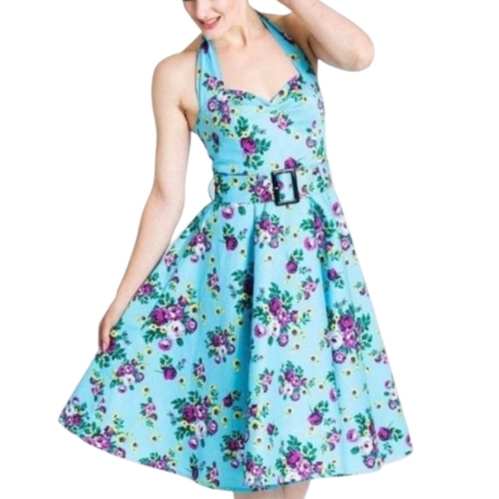 Hell Bunny Vixen Halter Dress Floral Belted May Day Retro Pinup Vintage Blue S